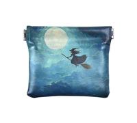 Dragon Treasure Cave Small Leather Coin Purse Waterproof Card Key Organizers for Women Girls, Witch Broomstick Moonlit Sky, One Size, Modern