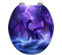Dragon Tsunami Round Resin Toilet Seat for Bathroom | Quiet-close quick-release hinges, purple trippy natural disaster pattern, easy to clean, removable cover
