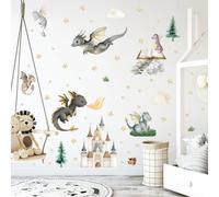 Dragon Wall Stickers,Peel and Stick Colorful Flying Dragon,Castles, White Clouds, Stars.Tree Self-Adhesive Mural，Removable Wall Sticker for Living Room Baby Nursery Kids Room Wall Decor
