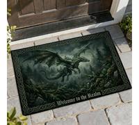 Dragon Welcome Door Mat, Fantasy Mystical Forest Celtic Border N/a Green Skid Resistant Back Doormat Entryway Decor for Front Porch Bathroom Office 29x17 Inch