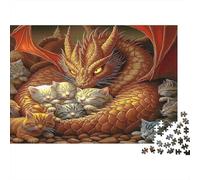Dragon with Kittens Adult Jigsaws for Decompression: Golden Eastern Dragon on Rocks Educational Game Challenge Wall Decoration 38x26cm/1000pcs