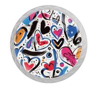 DragonBtu 4 Pack Colorful Heart Doodle Round Cabinet Knobs Kitchen Cupboard Knob White Drawer Pulls Dresser Handle with Screws Furniture Decoration 1.37"