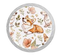 DragonBtu 4 Pack Corgi Dog Floral Round Cabinet Knobs Kitchen Cupboard Knob White Drawer Pulls Dresser Handle with Screws Furniture Decoration 1.37"