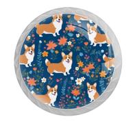 DragonBtu 4 Pack Corgi Dog Floral Round Cabinet Knobs Kitchen Cupboard Knob White Drawer Pulls Dresser Handle with Screws Furniture Decoration 1.37"