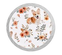 DragonBtu 4 Pack Corgi Dogs Floral Round Cabinet Knobs Kitchen Cupboard Knob White Drawer Pulls Dresser Handle with Screws Furniture Decoration 1.37"