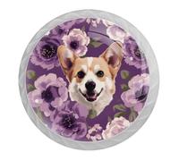 DragonBtu 4 Pack Corgi Floral Purple Round Cabinet Knobs Kitchen Cupboard Knob White Drawer Pulls Dresser Handle with Screws Furniture Decoration 1.37"