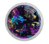 DragonBtu 4 Pack Neon Butterfly and Skull Pattern Round Cabinet Knobs Kitchen Cupboard Knob White Drawer Pulls Dresser Handle with Screws Furniture Decoration 1.37"