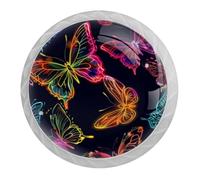 DragonBtu 4 Pack Neon Butterfly Color Pattern Round Cabinet Knobs Kitchen Cupboard Knob White Drawer Pulls Dresser Handle with Screws Furniture Decoration 1.37"