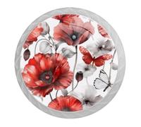 DragonBtu 4 Pack Poppy and Butterflies Round Cabinet Knobs Kitchen Cupboard Knob White Drawer Pulls Dresser Handle with Screws Furniture Decoration 1.37"