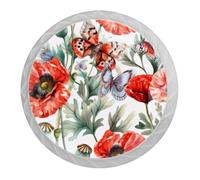 DragonBtu 4 Pack Poppy Flower Round Cabinet Knobs Kitchen Cupboard Knob White Drawer Pulls Dresser Handle with Screws Furniture Decoration 1.37"