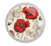 DragonBtu 4 Pack Poppy Flowers Round Cabinet Knobs Kitchen Cupboard Knob White Drawer Pulls Dresser Handle with Screws Furniture Decoration 1.37"