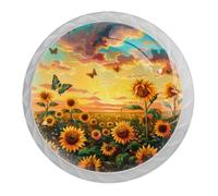 DragonBtu 4 Pack Sunflower Butterfly at Sunset Round Cabinet Knobs Kitchen Cupboard Knob White Drawer Pulls Dresser Handle with Screws Furniture Decoration 1.37"