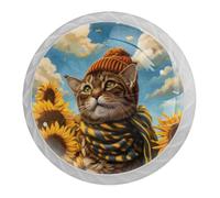 DragonBtu 4 Pack Sunflower Cat Round Cabinet Knobs Kitchen Cupboard Knob White Drawer Pulls Dresser Handle with Screws Furniture Decoration 1.37"