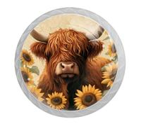 DragonBtu 4 Pack Sunflower Highland Cow Round Cabinet Knobs Kitchen Cupboard Knob White Drawer Pulls Dresser Handle with Screws Furniture Decoration 1.37"