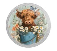 DragonBtu 4 Pcs 1.37" Round Cabinet Knobs Highland Cow and Bucket Kitchen Cupboard Knob White Drawer Pulls Dresser Handle with Screws Furniture Decoration