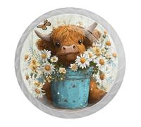 DragonBtu 4 Pcs 1.37" Round Cabinet Knobs Highland Cow Kitchen Cupboard Knob White Drawer Pulls Dresser Handle with Screws Furniture Decoration