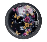 DragonBtu 4 Pcs 1.37" Round Cabinet Knobs Skull and Flowers Kitchen Cupboard Knob Black Drawer Hardware Pulls Dresser Handle with Screws Furniture Decoration