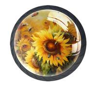 DragonBtu Set of 4 Glass and Steel Knobs Kitchen Cabinet Cupboard Door knobs, Chest, Furniture, Drawer Handles with Sunflowers Bees