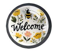 DragonBtu Set of 4 Glass Knobs Kitchen Cabinet Cupboard Door knobs, Chest, Furniture, Drawer Handles with Welcome Bees and Flowers