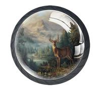 DragonBtu Set of 4 Glass Knobs Kitchen Cabinet Cupboard Door knobs, Chest, Furniture, Drawer Handles with Deer in The Mountains