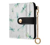 Dragonflies Green Dots Print Small Women Wallet Leather RFID Blocking Bifold Compact Card Holder with Zipper Coin Pocket Purse for Ladies Girls Women