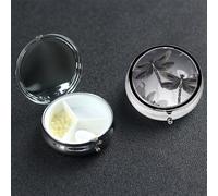 Dragonflies Grey Pill Box 3 Compartment Waterproof Pill Container with Mirror Metal Medicine Box Organizer Portable Vitamin Case for Pocket & Purse Travel - Round