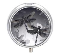 Dragonflies Grey Pill Box Small Round Pill Case Portable Travel Pill Container Multi-Functional Moisture Proof Metal Medicine Pill Organizer Box for Vitamins Fish Oil