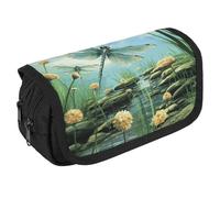 Dragonflies in Flight Pencil Case Organizer Large Capacity Cute Pen Pouch with 3 Compartment Office Stationery Large Pencil Bags with Zipper Fabric Pen Bag for Adults Portable Makeup Bag (Black)