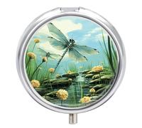 Dragonflies in Flight Pill Box 3 Compartment Waterproof Pill Container with Mirror Metal Medicine Box Organizer Portable Vitamin Case for Pocket & Purse Travel - Round