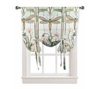 Dragonfly Adjustable Tie Up Curtains,Spring Flowers Green Leaves Balloon Curtain Rod Pocket Valance for Window,Retro Botanical Window Treatment Curtain for Kitchen Bedroom Living Room 1 Panel 42x45In