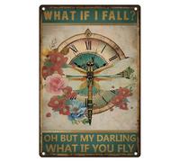 Dragonfly And Clock Vintage Metal Tin Sign What If I Fall What If You Fly Inspirational Retro Art Poster for Home Office, Cafe Bar Wall Decor 7.9 x 11.9 Inch