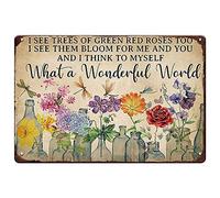 Dragonfly and Flowers Metal Tin Sign, What a Wonderful World I See Trees of Green Red Roses Too, Funny Garden Signs Wall Decor, Retro Tin Sign Flowers Poster Metal Garden Signs, 12 x 8 inch