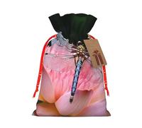 Dragonfly And Lotus Burlap Drawstring Gift Bag With Tag, Reusable Linen Pouch For Christmas, Birthday, Party, Small Gift Packaging M