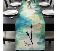Dragonfly Animal Table Runner 13x36 Inches Long Teal Green Yellow Gradient Text Cotton Linen Table Runner Burlap Style for Dinner Table Party Decor Tabletop Decorations
