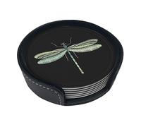 Dragonfly Black Coasters For Drinks, 6 Pcs Leather Coaster With Holder, Round Cup Mat Pad Set For Home And Kitchen 3.9 Inches