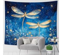 Dragonfly Blue Tapestry, Floral Night Sky Wall Hanging, Elegant Bohemian Decor for Bedroom, Living Room, Dorm, Home Textile, Singular Aesthetic 40x60 Inch