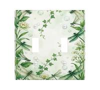 Dragonfly Double Light Switch Cover Plate, Nature Floral Ivy Water Lilies Spring Green Plastic Standard Size Switch Plate Decorative for Home Living Room Bedroom Bathroom Decor