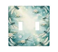 Dragonfly Double Light Switch Cover Plate, Nature Floral Water Lilies Water Ripples Summer Teal Plastic Standard Size Toggle Light Switch Cover for Home Living Room New Apartment Decor