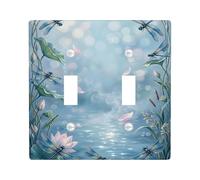 Dragonfly Double Light Switch Cover Plate, Nature Serene Water Lily Water Spring Blue Plastic Standard Size Wall Switch Plates Accents for Home Living Room Bedroom Bathroom Decor