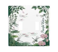 Dragonfly Double Light Switch Cover Plate, Nature Serene Water Lily Water Spring Green Plastic Standard Size Decorative Wall Plates for New Apartment Home Bedroom Office Decor