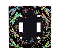 Dragonfly Double Light Switch Cover Plate, Summer Playful Flower Dot Summer Black Plastic Standard Size Switch Plate Decorative for Home Living Room Bedroom Bathroom Decor