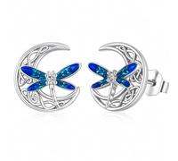 Dragonfly Earrings for Women Blue Dragonfly Crescent Moon Stud Earrings Silver Tone Bug Insect Jewelry Gift, M, Zinc, No Gemstone