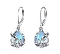 Dragonfly Earrings Sterling Silver Lotus Flower Drop Earrings Moonstone Dragonfly Jewellery Lotus Gifts for Women