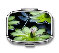 Dragonfly Flies OverPill Organizer with Mirror, 2 Compartment Metal Travel Pill Case, Weekly Medicine Container for Daily Meds, Compact & Artistic Design for Purse, Pocket, Or Wallet
