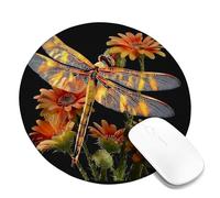Dragonfly Floral Desk Mouse Pad, Black Orange Flower Design Stitched Edge Mousepad, Rubber Non-Slip Washable Gaming Mouse Pad for Home and Office Use Round 8x8 Inch