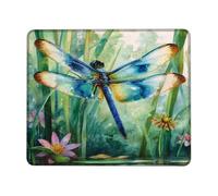 Dragonfly Floral Desk Mouse Pad, Blue Green Watercolor Insect Stitched Edge Mousepad, Rubber Non-Slip Washable Gaming Mouse Pad for Home and Office Computer, Laptop Square 8x10 Inch