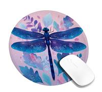Dragonfly Floral Desk Mouse Pad, Blue Violet Watercolor Leaves Stitched Edge Mousepad, Rubber Non-Slip Washable Gaming Mouse Pad for Home and Office Computer, Laptop Round 8x8 Inch