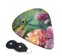 Dragonfly Garden Spring Guitar Picks 6 Pack with Leather Guitar Pick Holder Keychain, Plectrum Key Fob Cases Bag, Abstract Art Plectrum for Acoustic Electric Guitar, Ukulele 0.96mm
