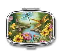 Dragonfly Garden Spring Pill Box 2 Compartments Portable Travel Pill Case Mini Medicine Organizer for Pocket Purse Metal Waterproof Medicine Container Holder Vitamin Fish Oil