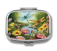 Dragonfly Garden Spring Pill Box Medicine Pill Organizer Small Pill Case Travel Pill Container Portable Pill Case for Pocket 2 Compartment Pill Holder Pill Boxes for Travel